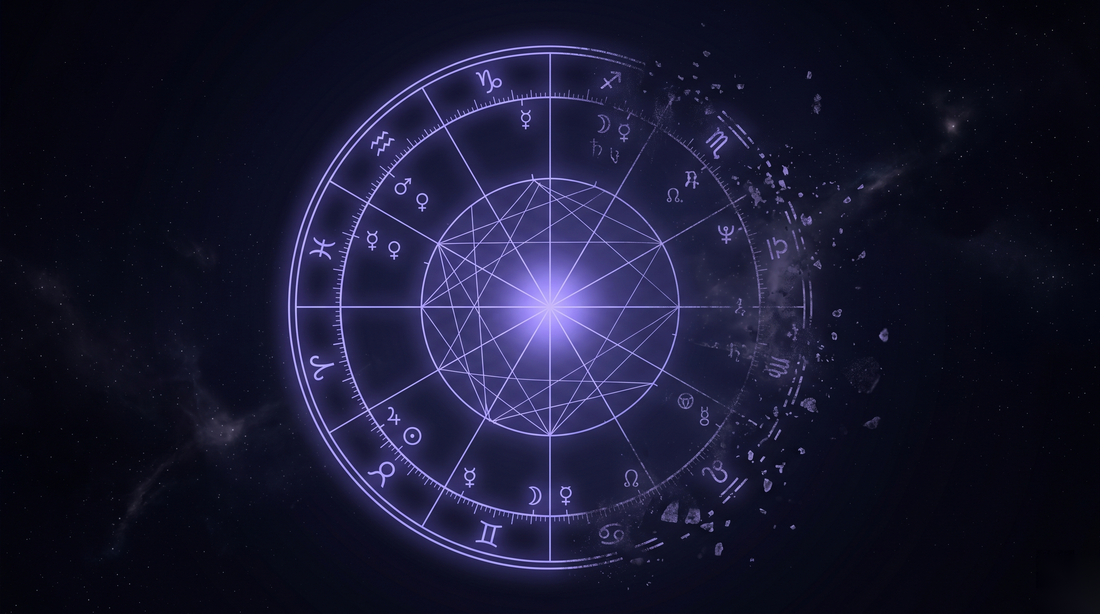 Carta natal dividida entre una mitad exacta y una mitad que se deshace en fragmentos, ilustrando los datos inventados por ChatGPT