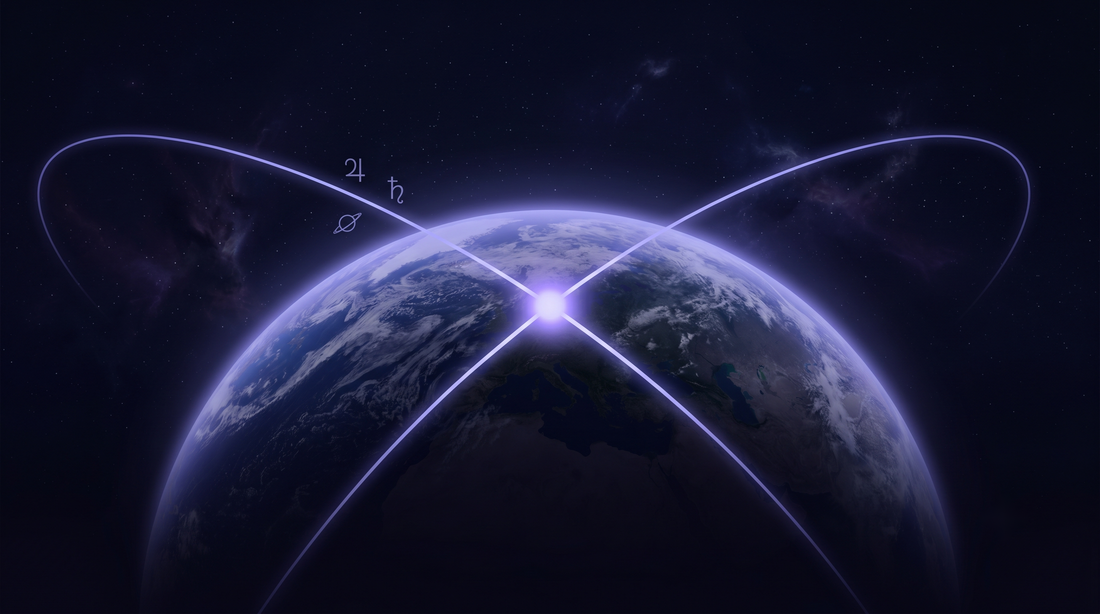 Dos líneas planetarias cruzándose en un punto brillante sobre el globo, las líneas del amor