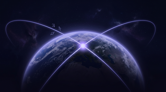 Dos líneas planetarias cruzándose en un punto brillante sobre el globo, las líneas del amor