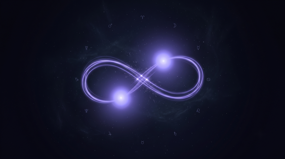 Dos estrellas orbitándose con estelas entrelazadas en forma de ocho, la calculadora del amor
