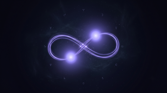 Dos estrellas orbitándose con estelas entrelazadas en forma de ocho, la calculadora del amor
