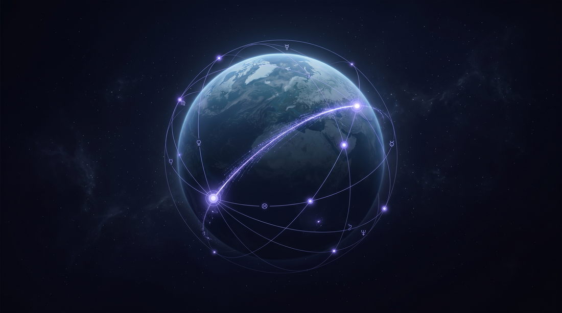 Globo con líneas de astrocartografía dibujándose con partículas de luz