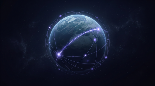 Globo con líneas de astrocartografía dibujándose con partículas de luz