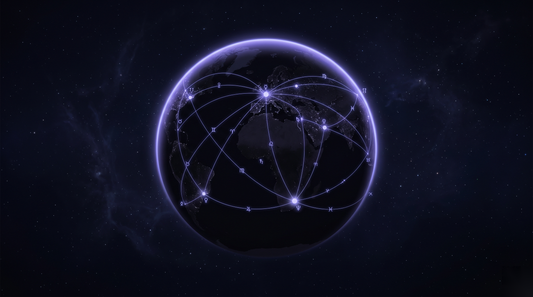 Globo terrestre visto desde la órbita cruzado por líneas planetarias de luz