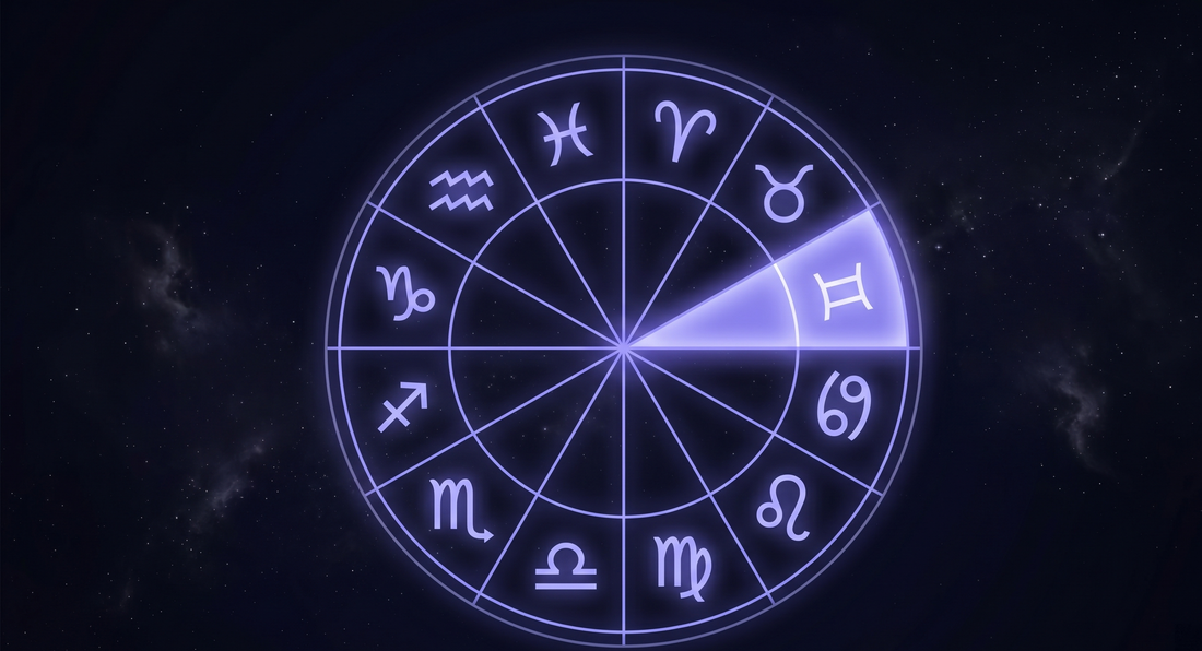Rueda del zodiaco dividida en doce segmentos como un calendario celeste con un signo iluminado
