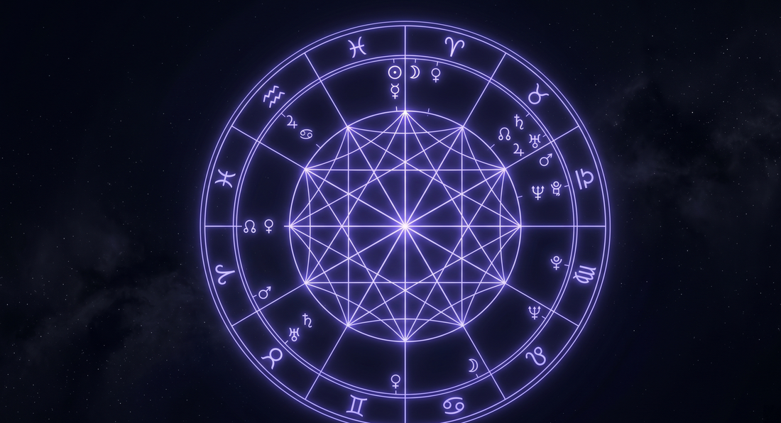 Rueda de carta natal completa con glifos del zodiaco, casas y líneas de aspectos brillando en púrpura
