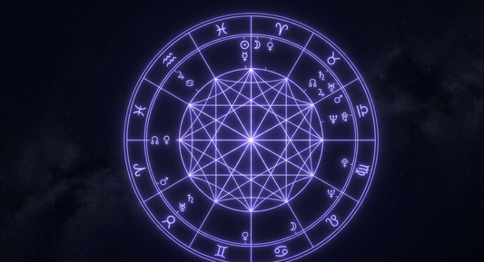 Rueda de carta natal completa con glifos del zodiaco, casas y líneas de aspectos brillando en púrpura