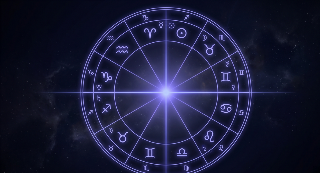 Carta natal con cuatro hilos de luz convergiendo en un punto brillante central, el ikigai astrológico