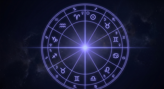 Carta natal con cuatro hilos de luz convergiendo en un punto brillante central, el ikigai astrológico