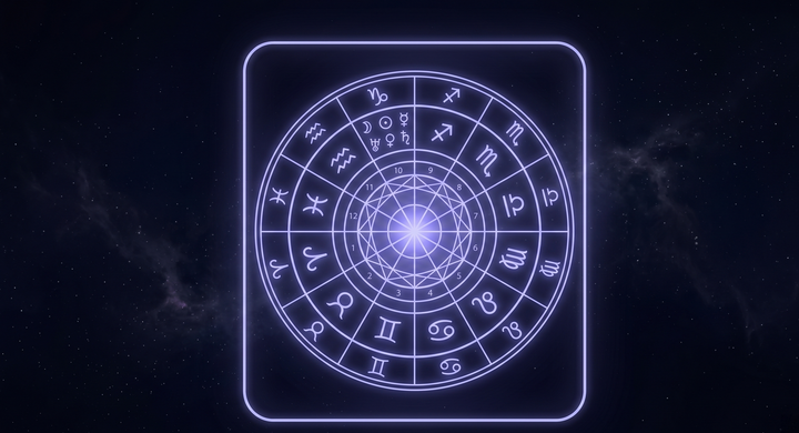 Carta natal brillando dentro de un marco rectangular de luz, símbolo de una app de astrología
