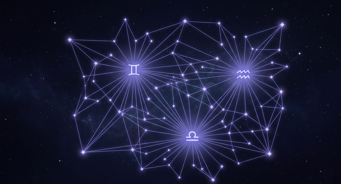 Red luminosa de estrellas interconectadas como una mente brillante con los glifos de los signos de aire