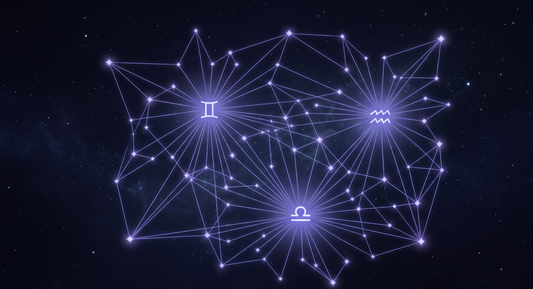 Red luminosa de estrellas interconectadas como una mente brillante con los glifos de los signos de aire