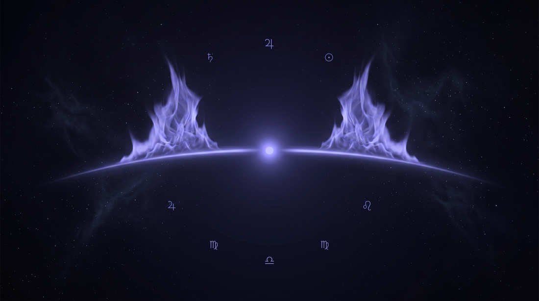 Dos llamas de nebulosa en equilibrio sobre un arco de luz, el equilibrio de la energía de fuego