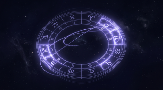 Anillo del zodiaco con el bucle de Mercurio retrógrado iluminando los signos más afectados