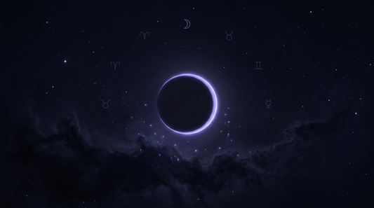 Luna nueva casi oscura con un filo de luz púrpura, los rituales de luna nueva