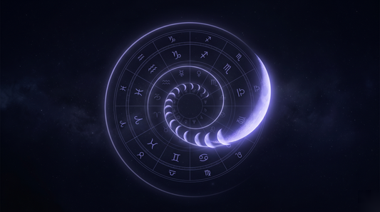 Luna avanzando por una espiral de luz alrededor de una carta natal, la luna progresada