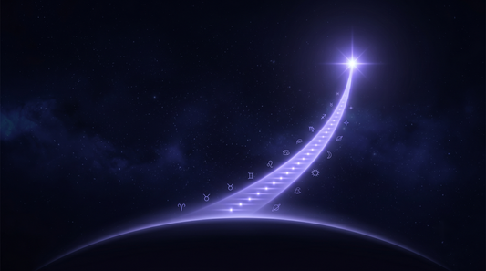 Camino de luz ascendente desde el horizonte hasta una estrella radiante, el mejor día para empezar