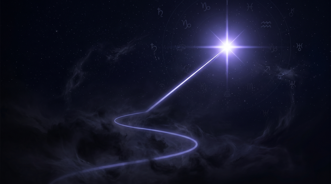 Sendero difuso entre niebla cósmica que se endereza hacia una estrella nítida, la claridad del ikigai