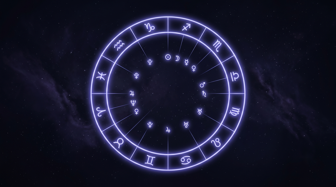 Anillo del zodiaco con planetas conectados por hilos de luz a sus signos