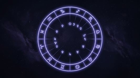 Anillo del zodiaco con planetas conectados por hilos de luz a sus signos