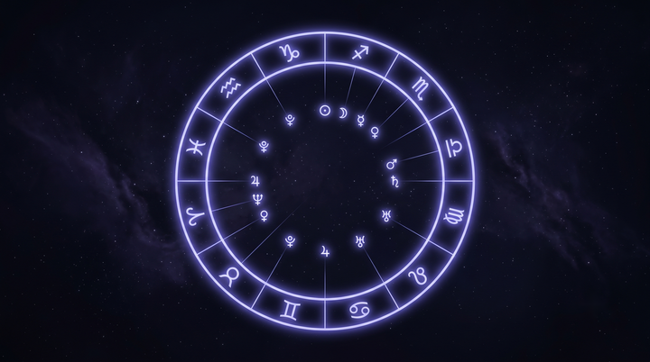 Anillo del zodiaco con planetas conectados por hilos de luz a sus signos