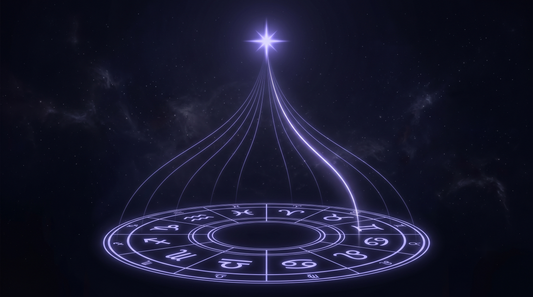 Doce caminos de luz saliendo de la rueda del zodiaco y uno brillando hasta una estrella, la vocación de cada signo