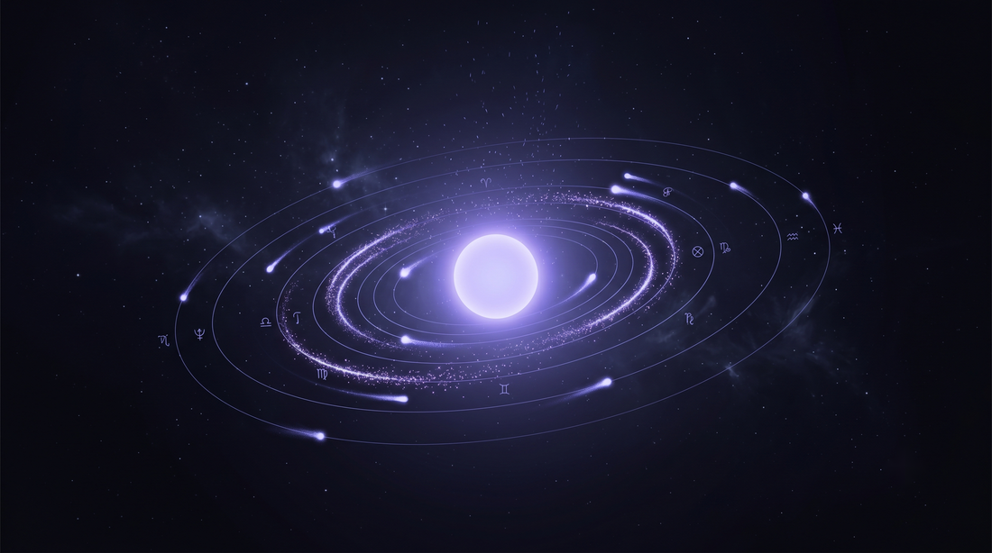 Estrella brillante rodeada de chispas y cometas en órbita, las pasiones de los signos de fuego