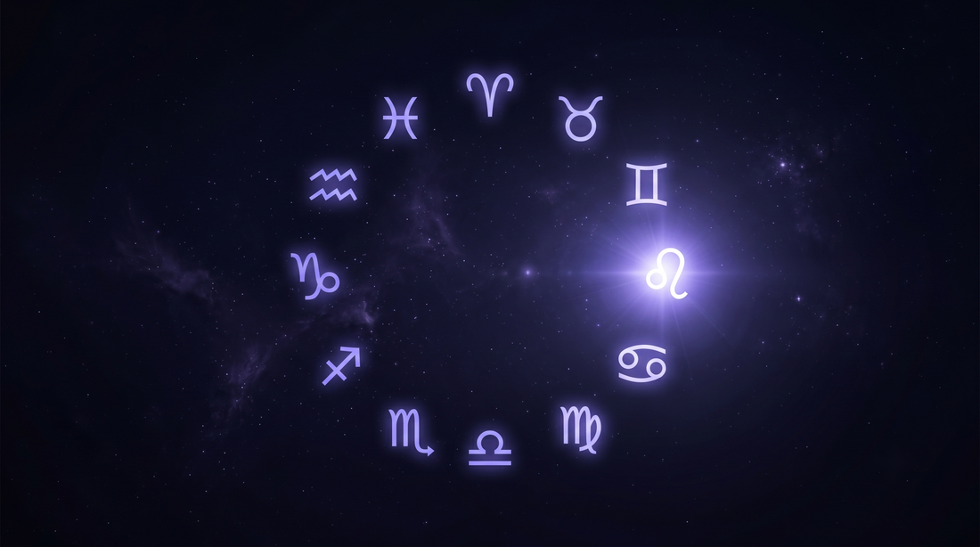 Doce glifos del zodiaco brillando con intensidades distintas y uno destacando sobre todos