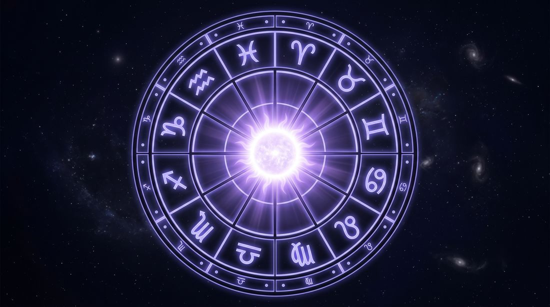 Rueda del zodiaco con un sol radiante estallando en su centro, la revolución solar