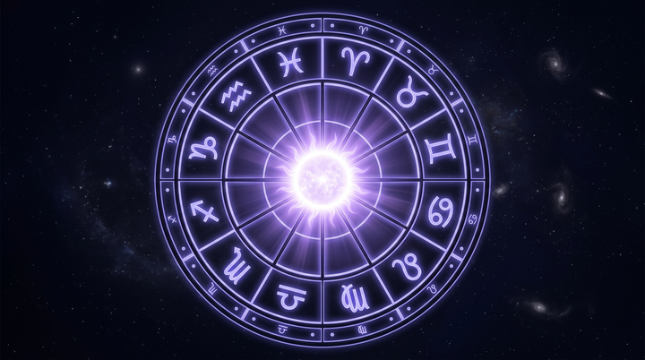Rueda del zodiaco con un sol radiante estallando en su centro, la revolución solar