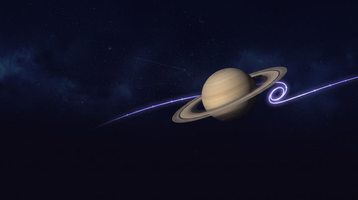 Saturno con el bucle de su movimiento retrógrado trazado en luz púrpura