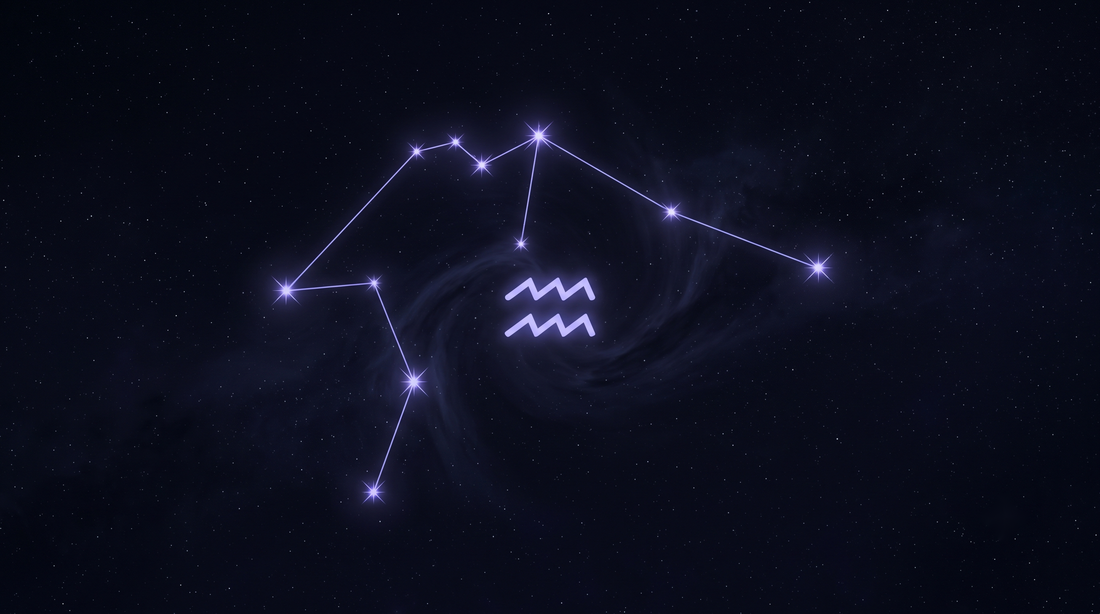 La constelación de Acuario con su glifo del zodiaco brillando en el centro