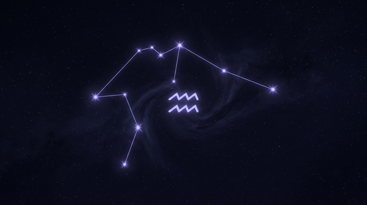 La constelación de Acuario con su glifo del zodiaco brillando en el centro
