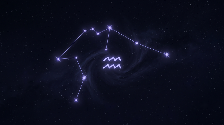 La constelación de Acuario con su glifo del zodiaco brillando en el centro