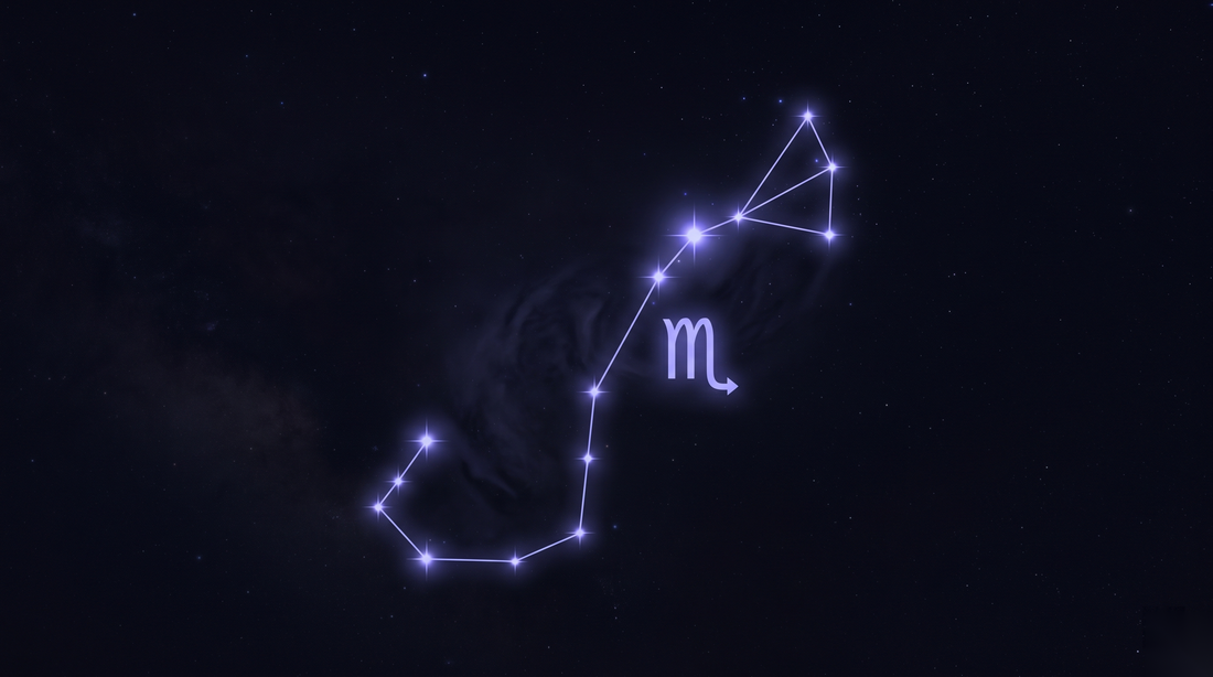 La constelación de Escorpio con su glifo del zodiaco brillando en el centro