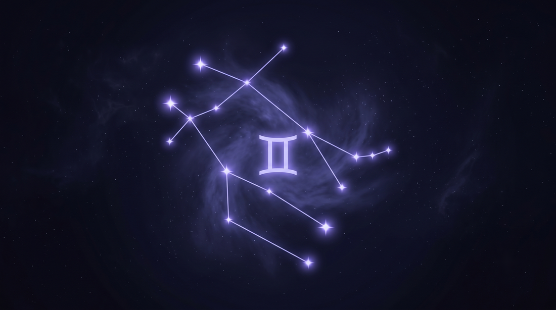 La constelación de Géminis con su glifo del zodiaco brillando en el centro