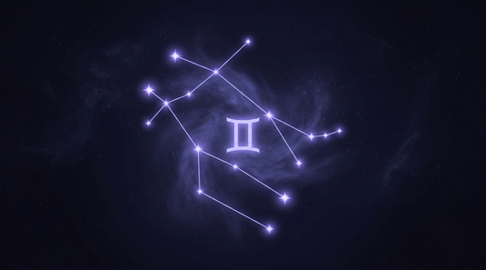 La constelación de Géminis con su glifo del zodiaco brillando en el centro