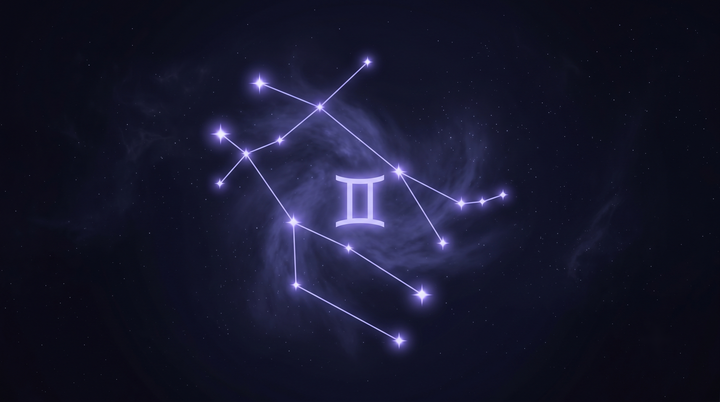 La constelación de Géminis con su glifo del zodiaco brillando en el centro