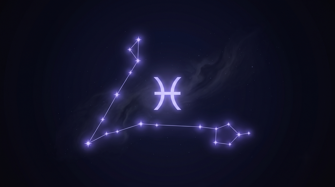 La constelación de Piscis con su glifo del zodiaco brillando en el centro