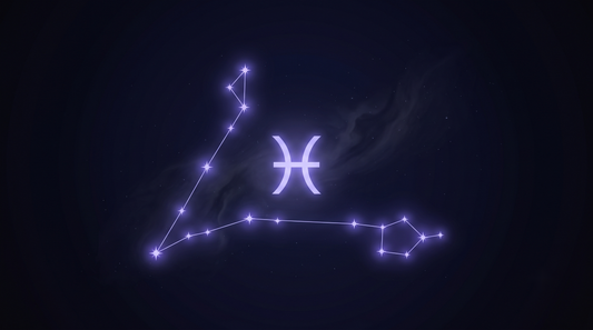 La constelación de Piscis con su glifo del zodiaco brillando en el centro