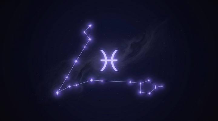 La constelación de Piscis con su glifo del zodiaco brillando en el centro