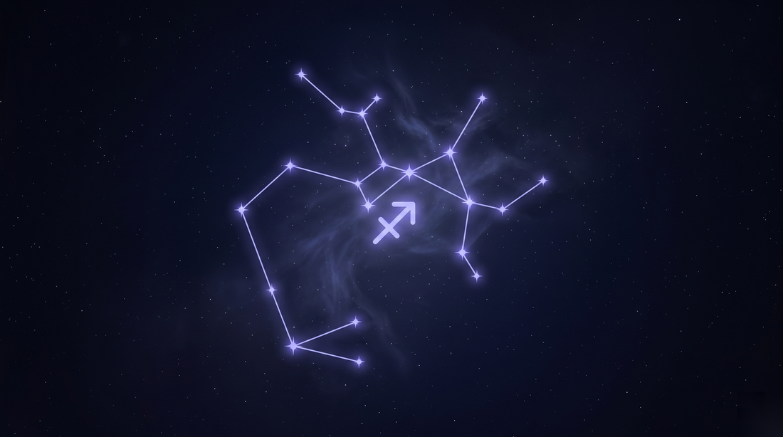 La constelación de Sagitario con su glifo del zodiaco brillando en el centro