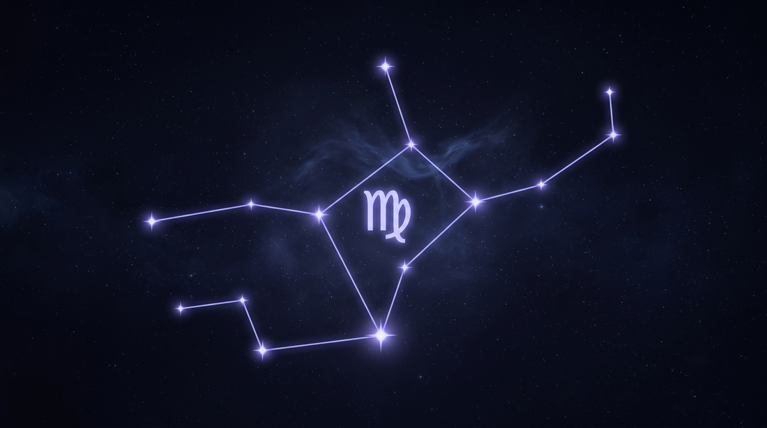 La constelación de Virgo con su glifo del zodiaco brillando en el centro