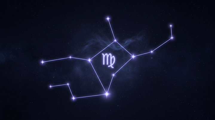 La constelación de Virgo con su glifo del zodiaco brillando en el centro