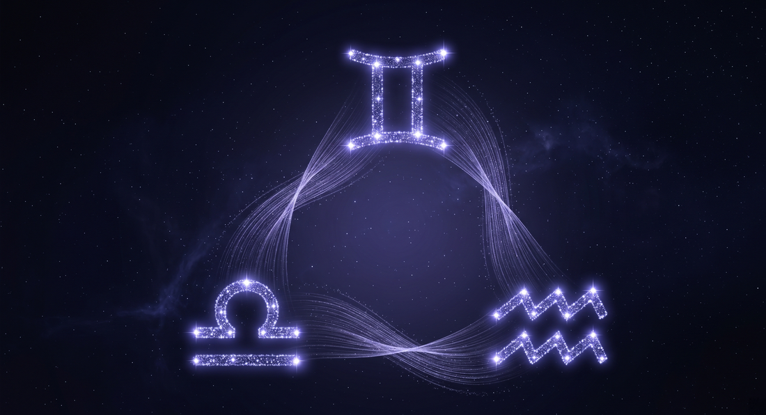 Las constelaciones de Géminis, Libra y Acuario unidas por corrientes de luz como viento cósmico