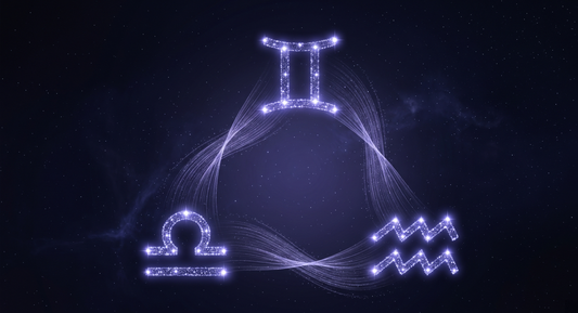 Las constelaciones de Géminis, Libra y Acuario unidas por corrientes de luz como viento cósmico