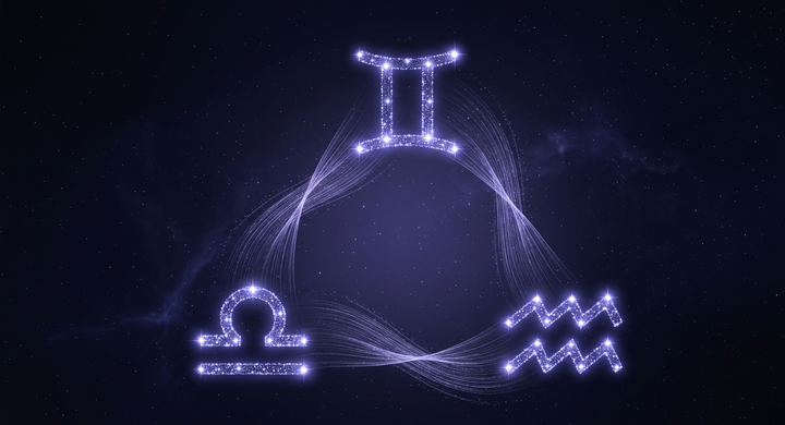 Las constelaciones de Géminis, Libra y Acuario unidas por corrientes de luz como viento cósmico