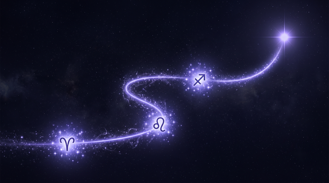 Camino de estrellas que atraviesa tres nodos de fuego hacia una estrella guía