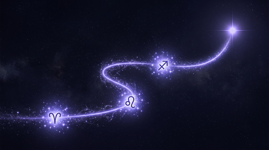 Camino de estrellas que atraviesa tres nodos de fuego hacia una estrella guía