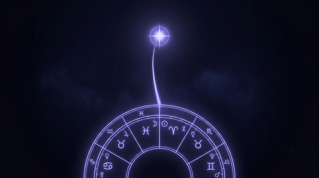 Camino de luz que asciende desde una carta natal hacia una estrella guía, la vocación en la carta
